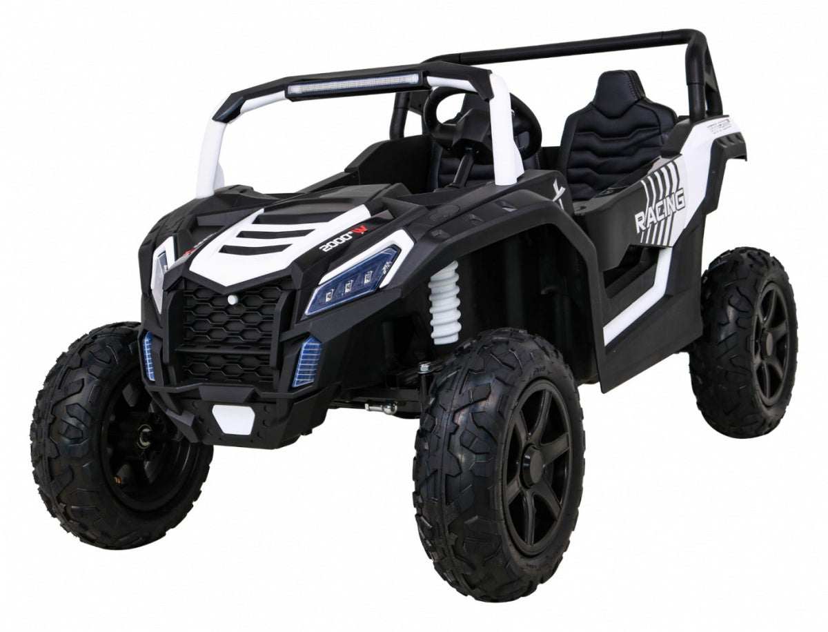Czarny Buggy ATV STRONG Racing dla dwóch dzieci z wytrzymałymi pompowanymi kołami i LED-owymi światłami.