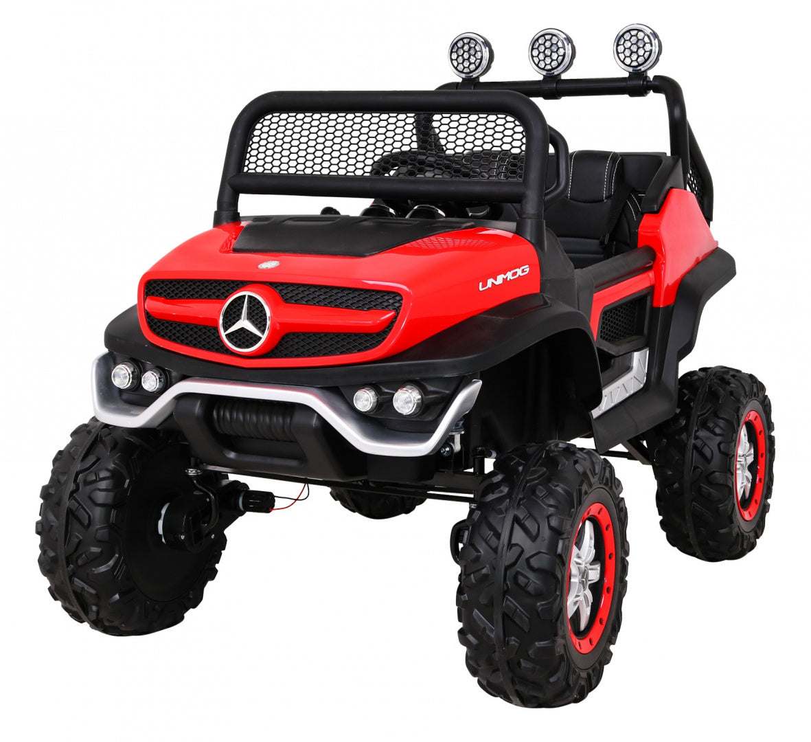 Czerwony dziecięcy Mercedes Benz Unimog 4x4 z pilotem i off-roadowymi kołami EVA