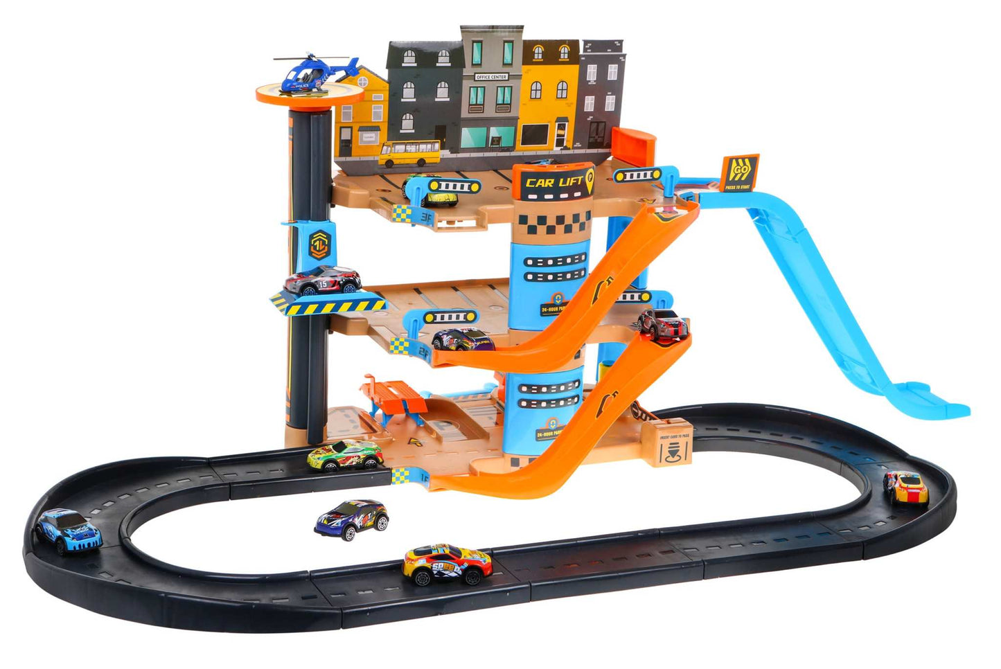 Mega Parking 4-level toy parking garage with elevator, slides, helicopter, and 10 cars for creative children's play