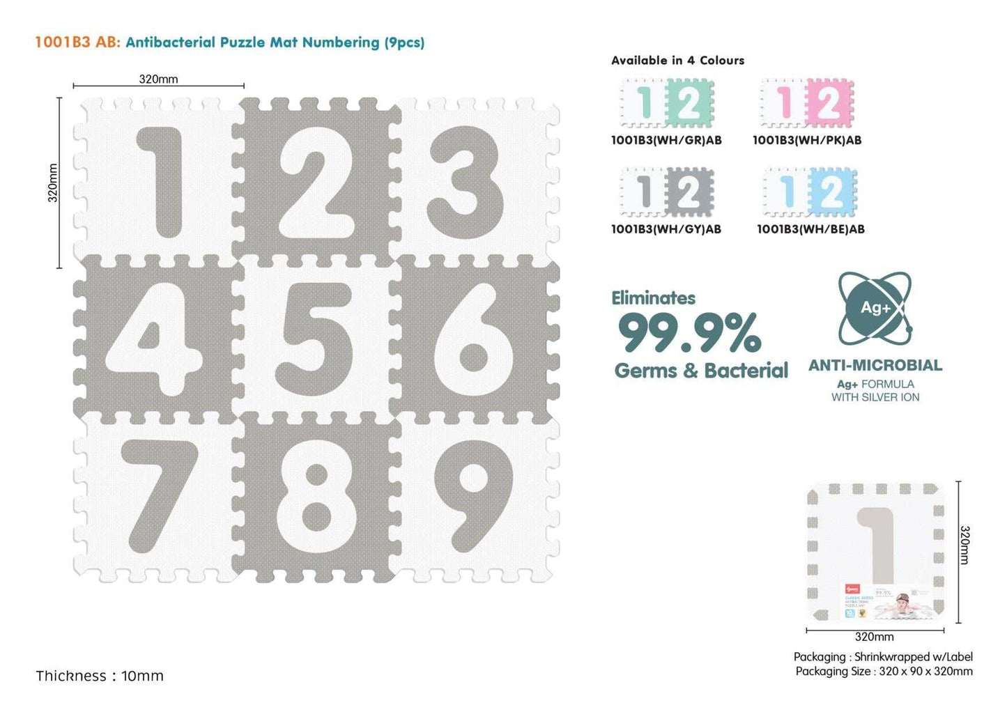Antibacterial educational puzzle mat for kids with numbers, 10mm EVA foam thickness, white and gray design.