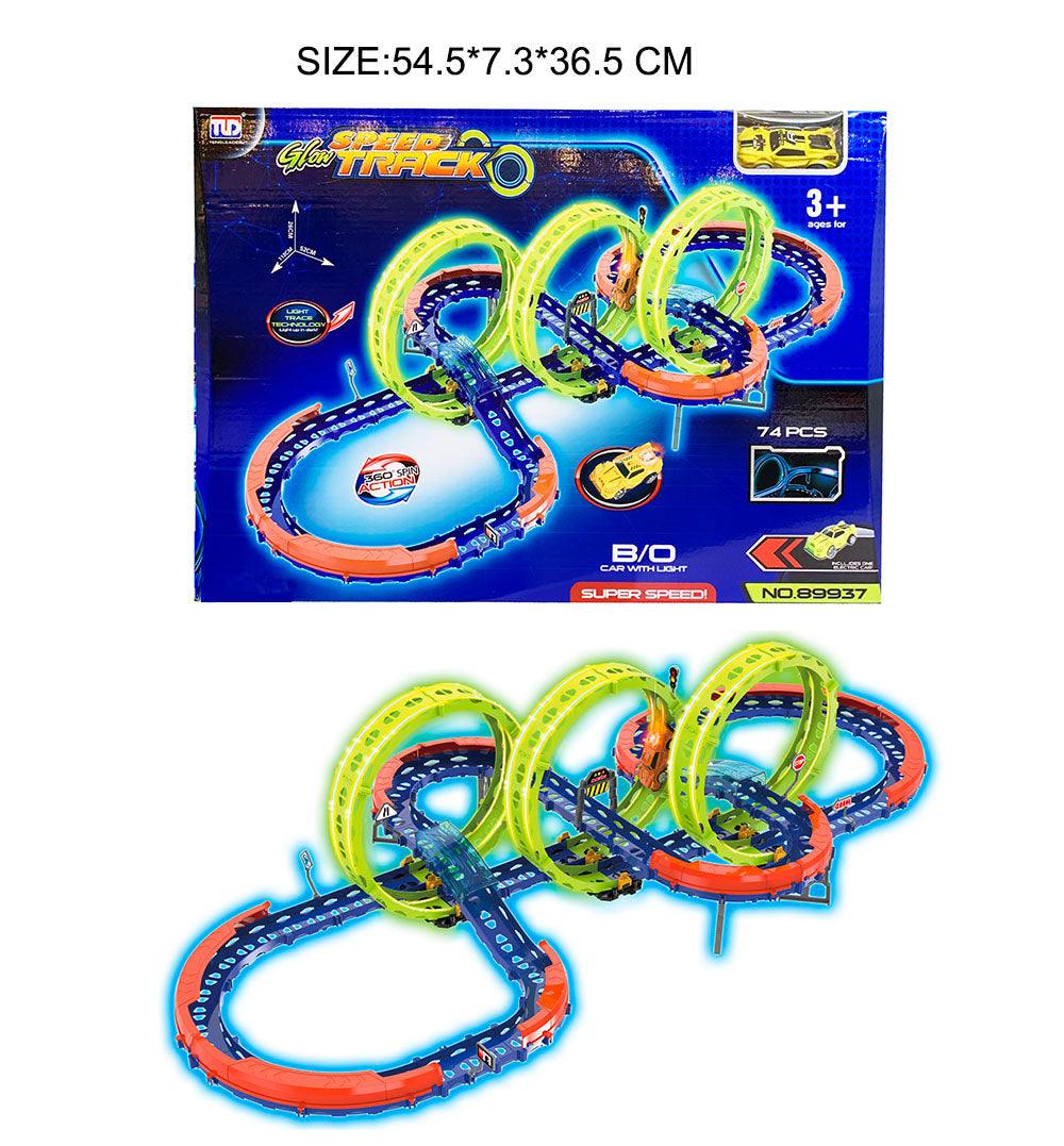 Ekstremalny tor wyścigowy dla dzieci z 74 elementami i świecącym autem LED