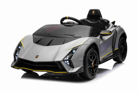 Children's Lamborghini Invencible electric ride-on car in gray with yellow accents, LED lights, MP3 player, and remote control.