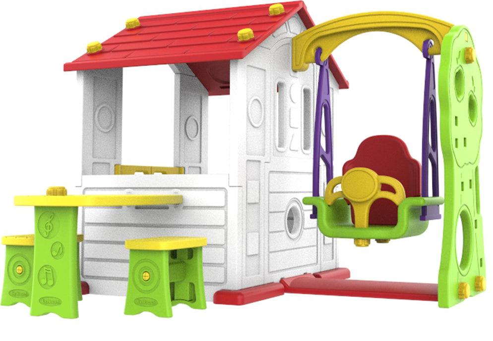 Domek ogrodowy 3w1 dla dzieci z czerwonym dachem HDPE z huśtawką i miejscem do zabawy na zewnątrz