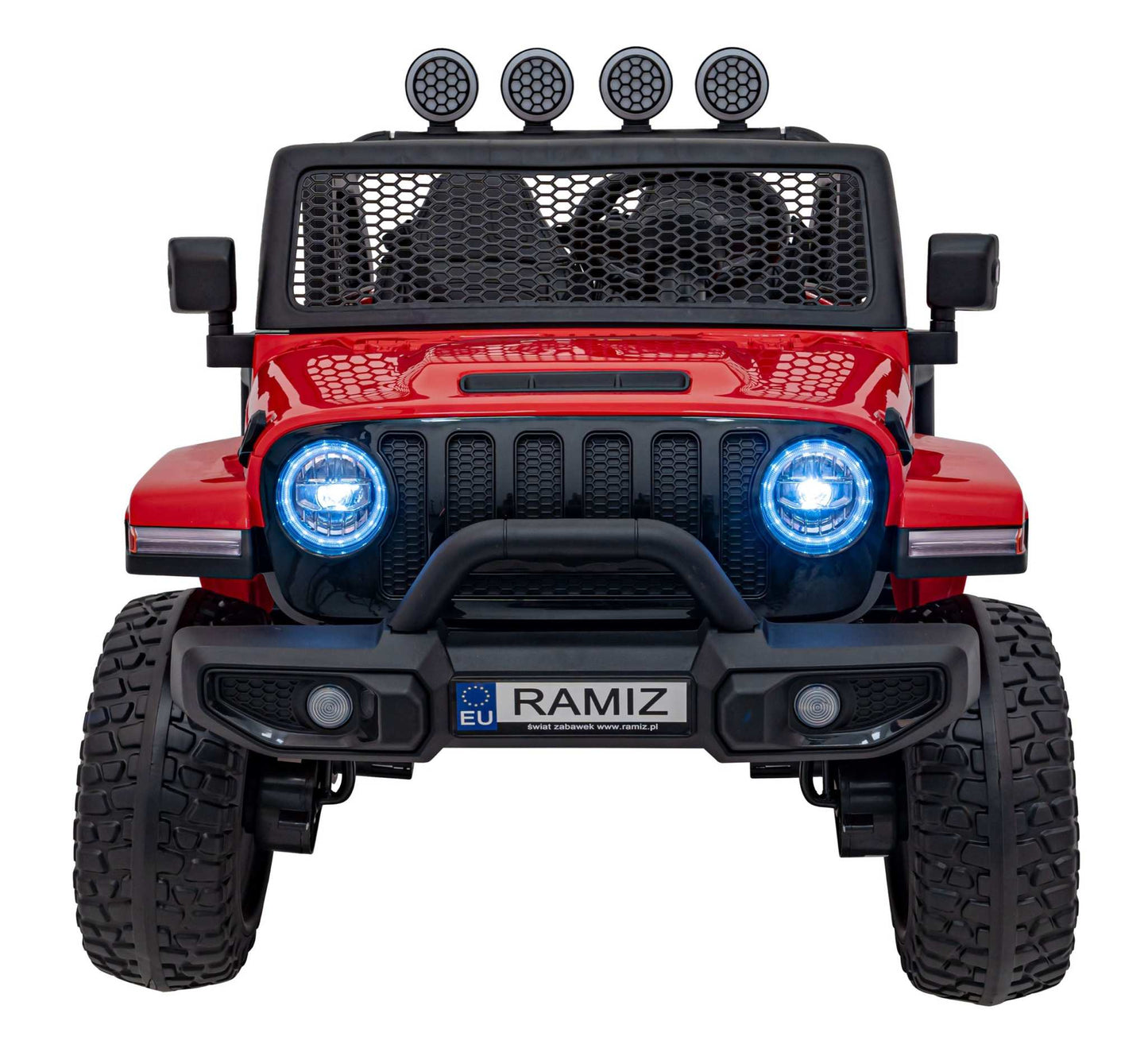 Auto terenowe OFF ROAD czerwony dla dzieci z pilotem, LED i audio, przód pojazdu z załączonymi światłami