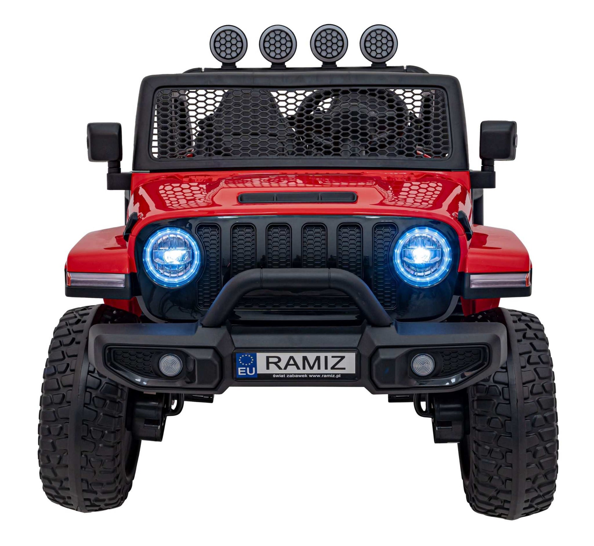 Auto terenowe OFF ROAD czerwony dla dzieci z pilotem, LED i audio, przód pojazdu z załączonymi światłami
