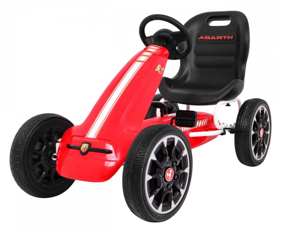 Gokart ABARTH dziecięcy czerwony z ręcznym hamulcem i pedałami, sportowy design, stabilne koła EVA, profilowane siedzisko
