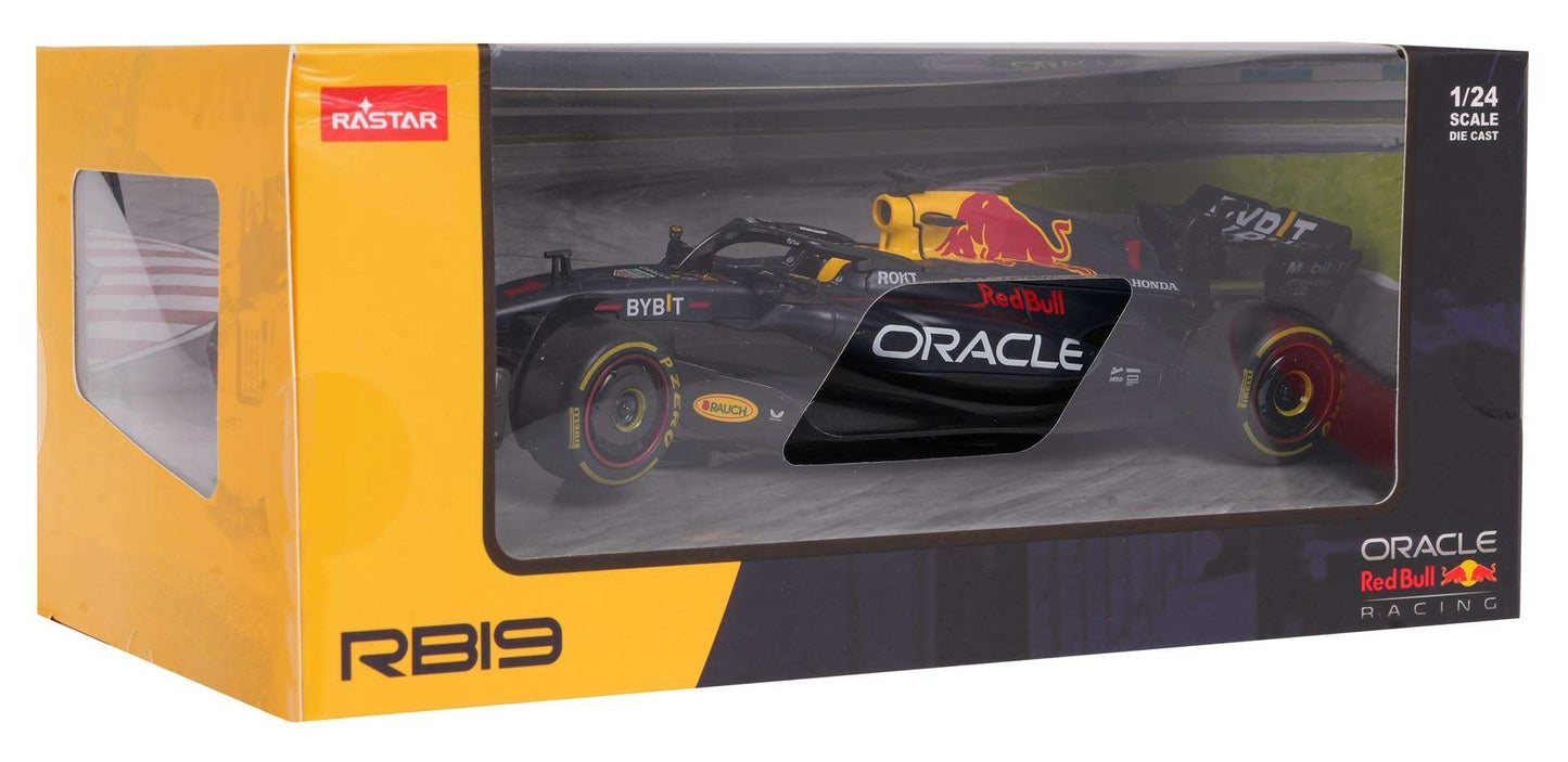 Red Bull RB19 1:24 scale metal diecast model car in yellow-black RASTAR packaging
