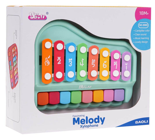 Pianinko Cymbałki zielone 2w1 zestaw dla dzieci 18 miesięcy rozwijający muzykalność i koordynację.