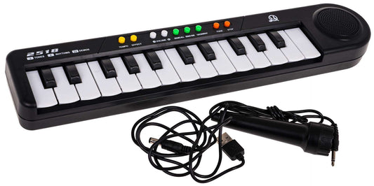 Keyboard MQ2518 zabawka muzyczna dla dzieci z mikrofonem i głośnikiem, 24 demo utworów, 8 rytmów, 3 tony, czarna.