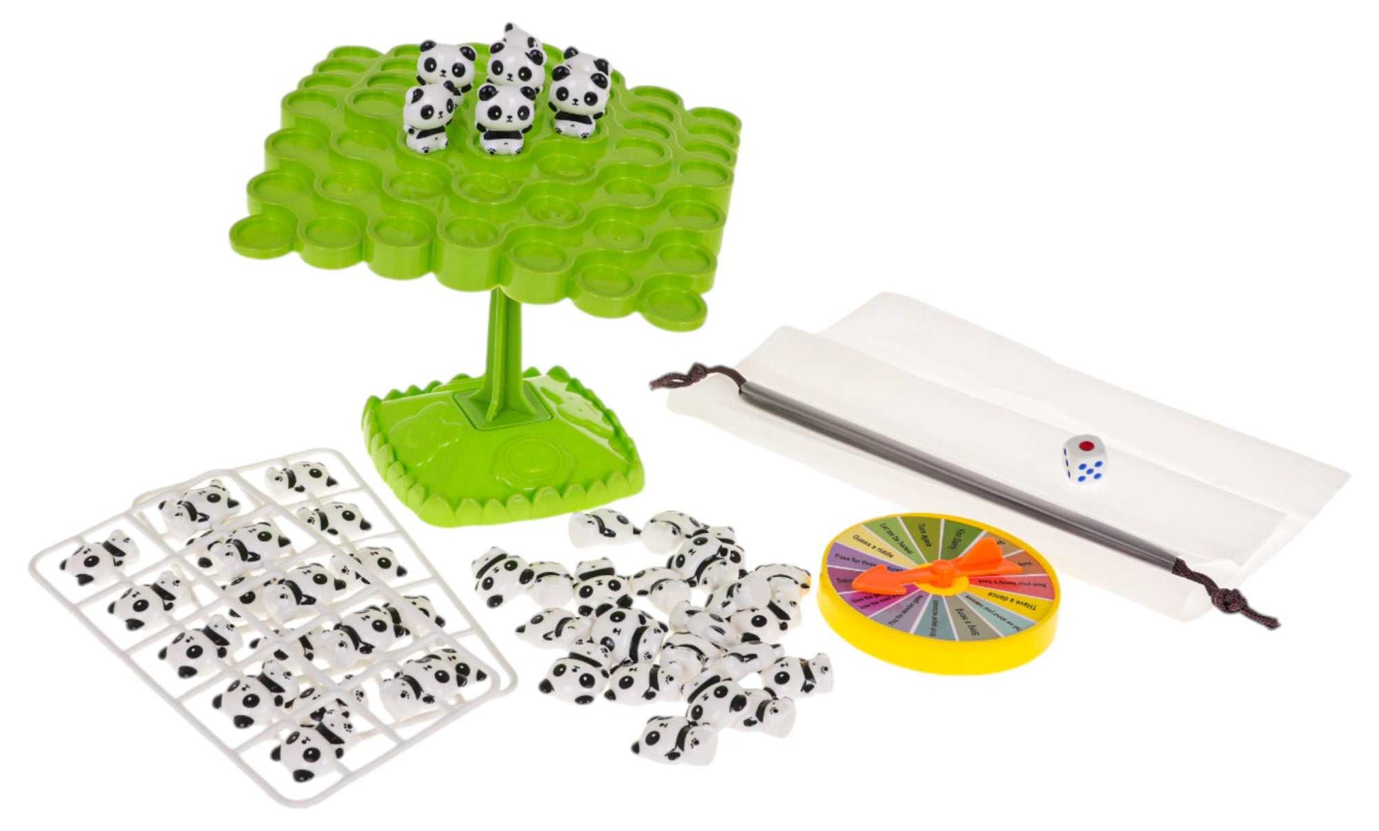 Gra zręcznościowa Pandy zestaw z zieloną planszą, figurkami pand, kostką i kołem z zadaniami dla dzieci 3+