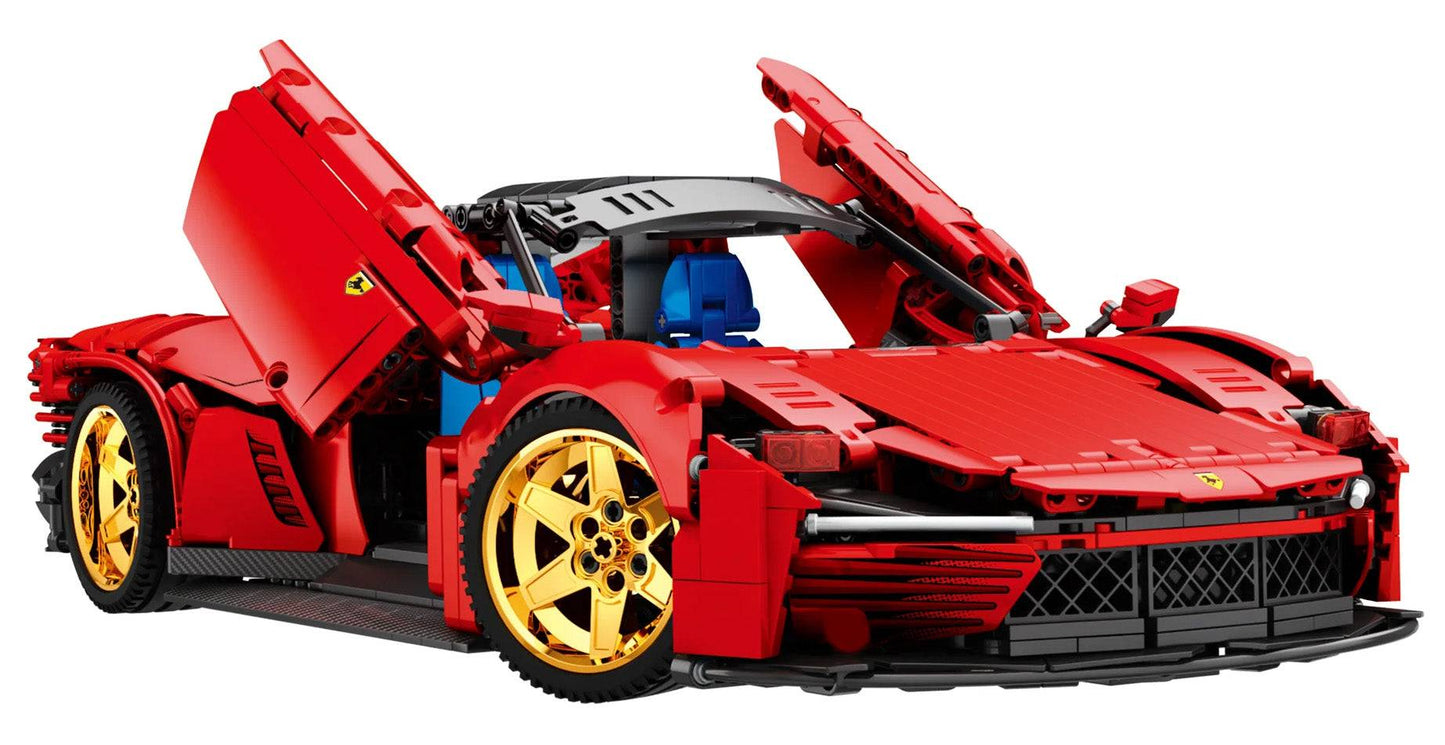Zestaw Klocków Auto Sportowe czerwony model samochodu sportowego z otwieranymi drzwiami i złotymi felgami