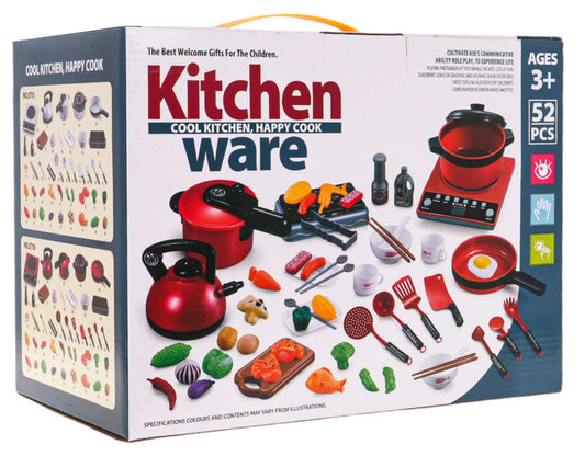 Zestaw garnków z kuchenką i 52 akcesoriami do zabawy dla dzieci od 3 lat, czerwony zestaw kuchenny z realistycznymi narzędziami i produktami spożywczymi.