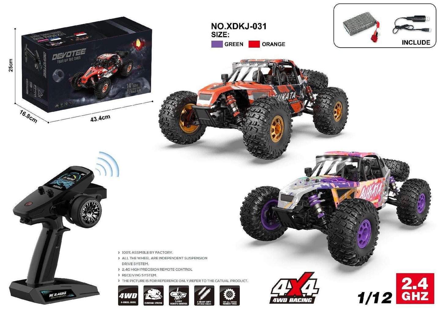 ALIKATA RC Crawler 1:12 fioletowy zdalnie sterowany samochód terenowy 4x4 2.4GHz