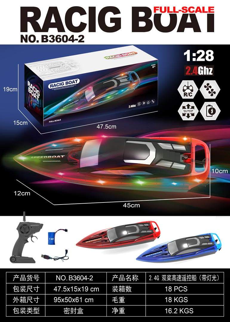 RC łódź wyścigowa zdalnie sterowana dla początkujących, szybka i zwrotna łódź na wodę z pilotem 2.4 GHz, 1:28, niebieska aerodynamczna obudowa.