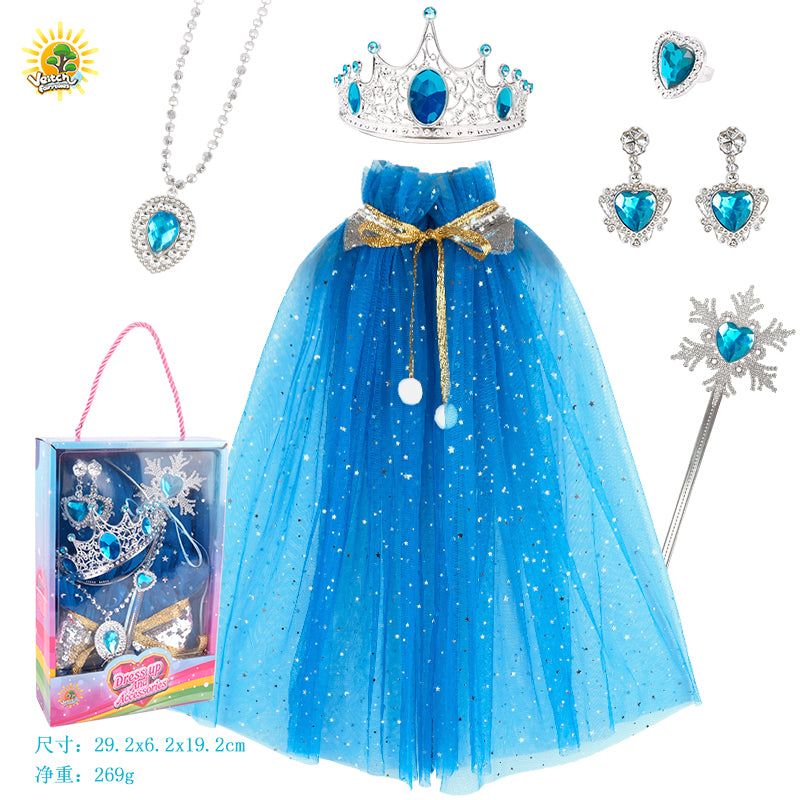 Zestaw Małej Księżniczki niebieska sukienka z biżuterią i akcesoriami do przebieranek dla dziewczynek