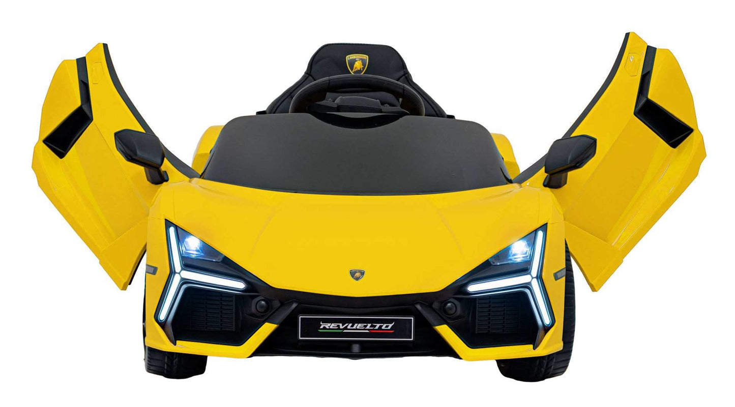 Yellow Lamborghini Revuelto electric kids ride-on car with LED lights and open scissor doors