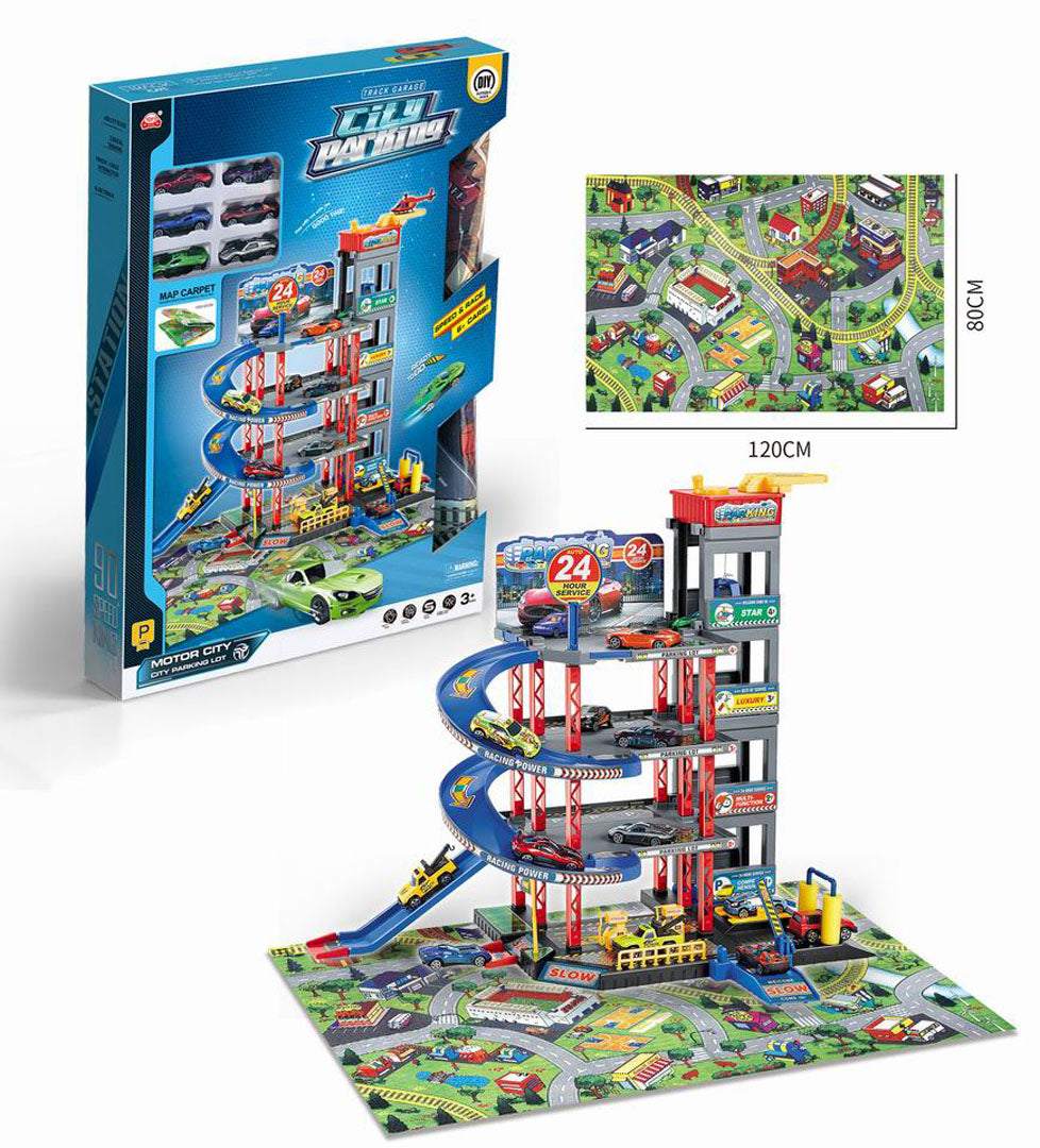 Wielopoziomowy parking z matą ochronną i akcesoriami do zabawy dla dzieci ponad 3 lata