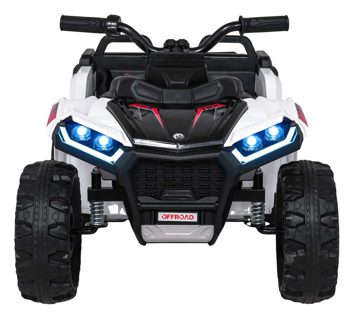 Biały Quad Sport TX ATV dla dzieci z pilotem 2,4 GHz i podwójnym napędem elektrycznym na duże koła offroad.