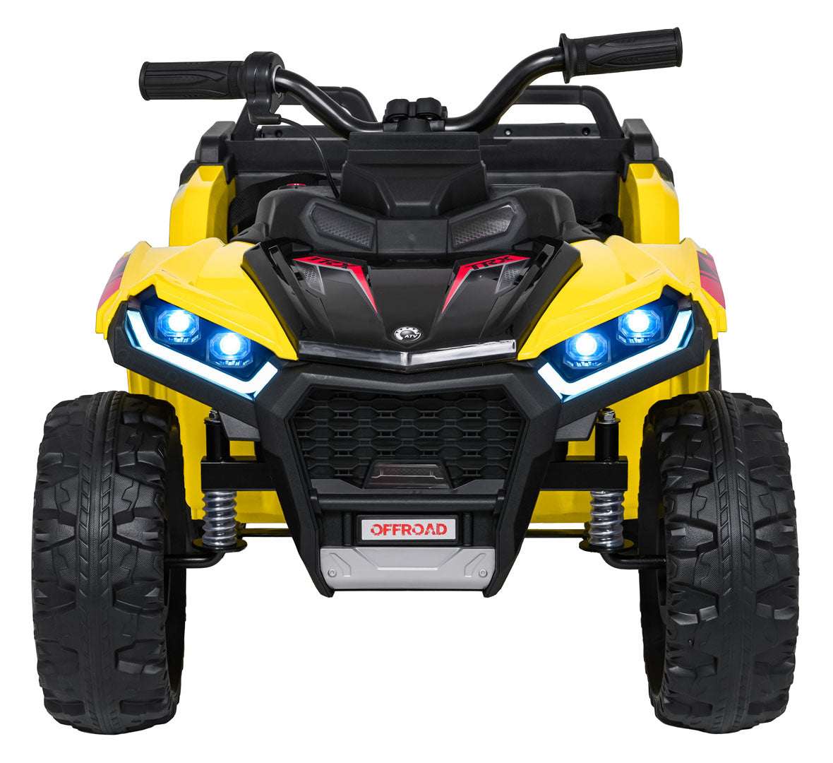 Yellow Quad Sport TX ATV electric ride-on for kids with LED lights, remote control, MP3/Bluetooth, 4x35W motors, and EVA foam tires