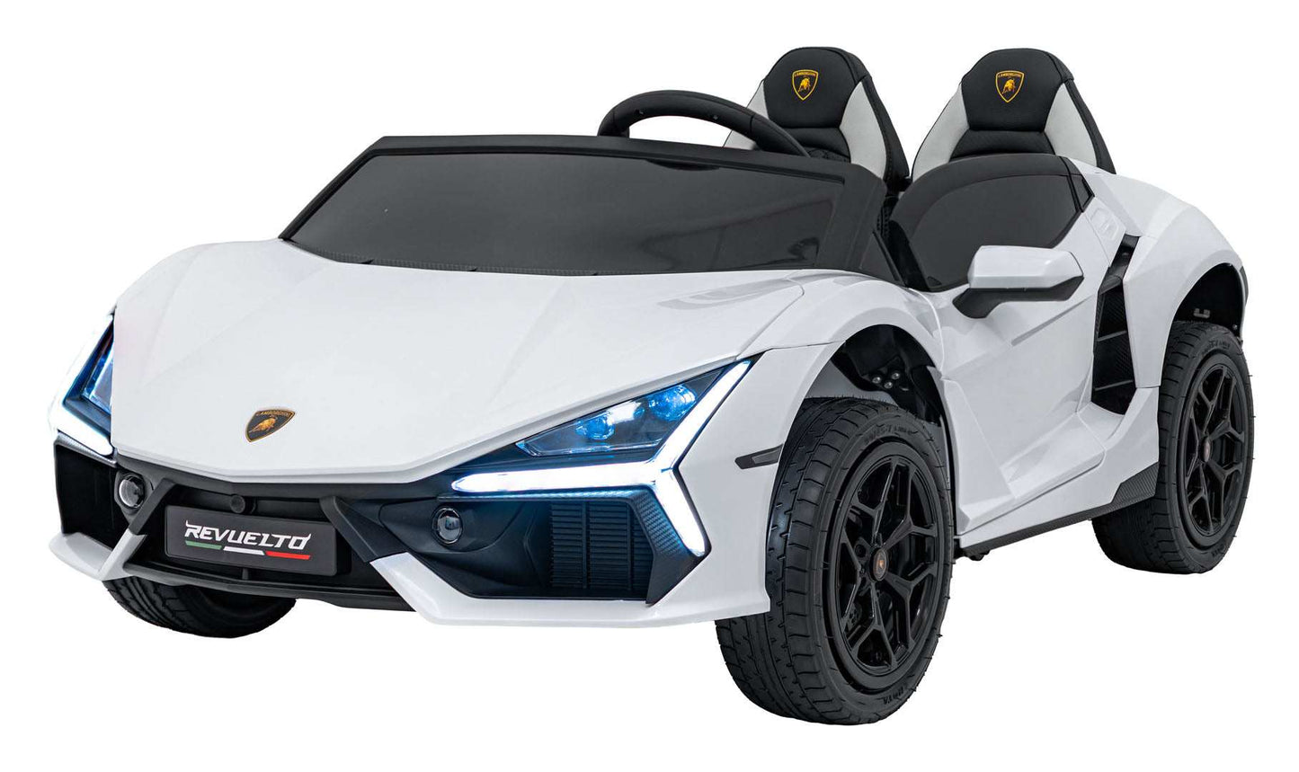 Biały pojazd Lamborghini Revuelto XL STRONG dla dzieci z realistycznym designem i pompowanymi kołami.