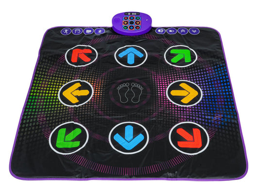 Czarna mata muzyczna taneczna dla dzieci z kolorowymi podświetlanymi strzałkami i wyświetlaczem do nauki tańca.