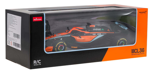 RC McLaren F1 MCL36 1:18 scale orange remote control race car model in display box by RASTAR