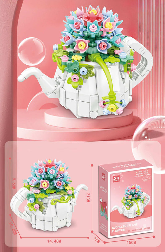 Zestaw Klocków Kwiaty 255 elementów konstrukcyjnych bukiecik kwiatów w czajniczku dla dzieci 6 lat