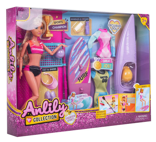 Lalka Olga Na Wakacjach zestaw akcesoriów do zabawy plażowej z trzema strojami sportowymi i akcesoriami do surfowania, kajakowania i siatkówki dla dzieci 3+