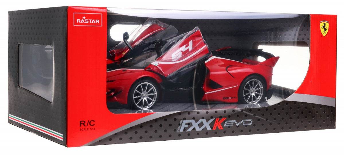 Zdalnie sterowany model Ferrari FXX-K Evo w skali 1:14 z realistycznym wykończeniem i otwieranymi drzwiami.