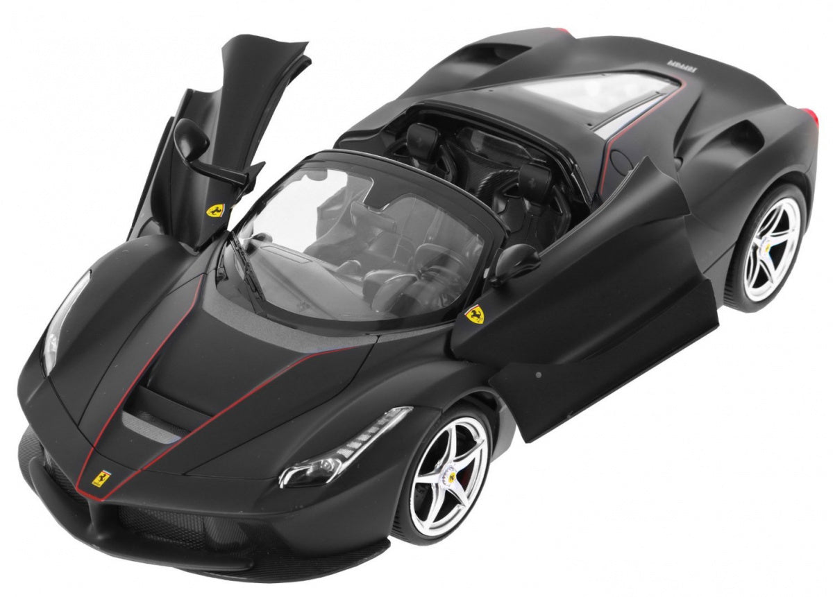 Czarny model zdalnie sterowanego Ferrari LaFerrari Aperta 1:14 z otwieranymi drzwiami i detalami wnętrza.