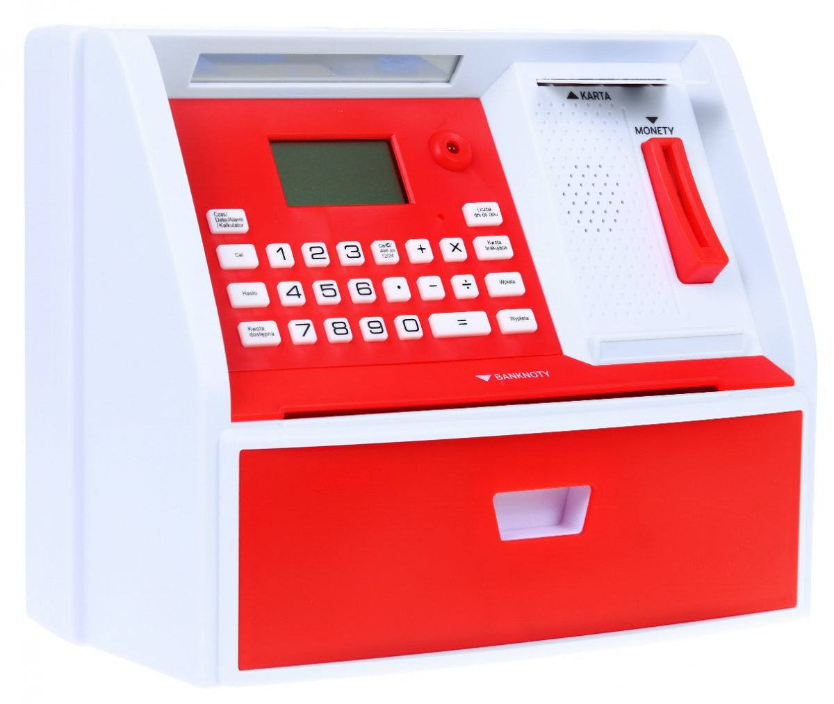 Bankomat z kartą Skarbonka dla dzieci 3+ w czerwonym kolorze, interaktywna edukacyjna zabawka do nauki oszczędzania i finansów.