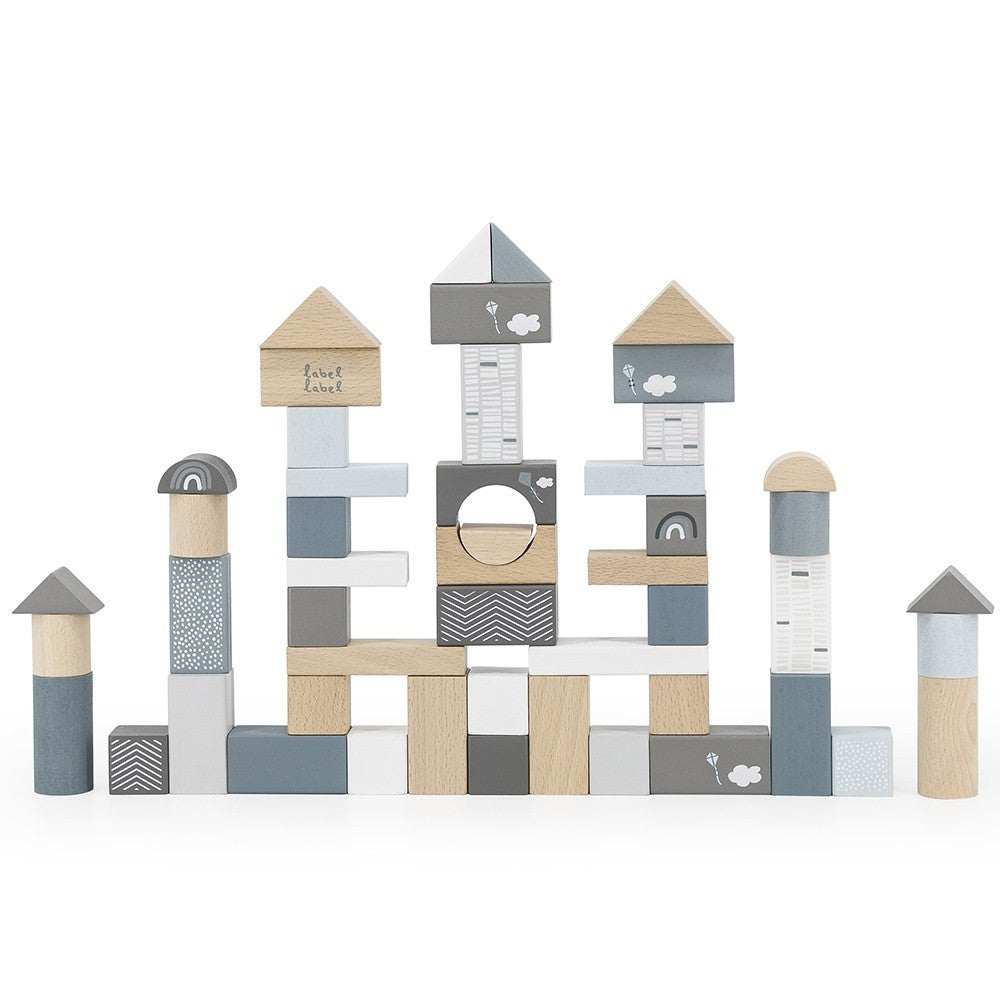 Label Label wooden building blocks set of 50 in blue, gray, and natural wood tones with various shapes and safe water-based paint