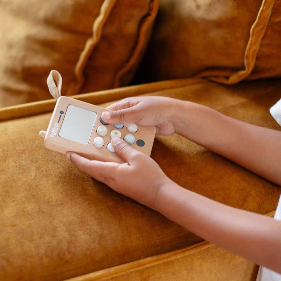 Tryco Drewniany telefon drewniana zabawka z kolorowymi przyciskami i lustrem dla dzieci ponad 12 msc