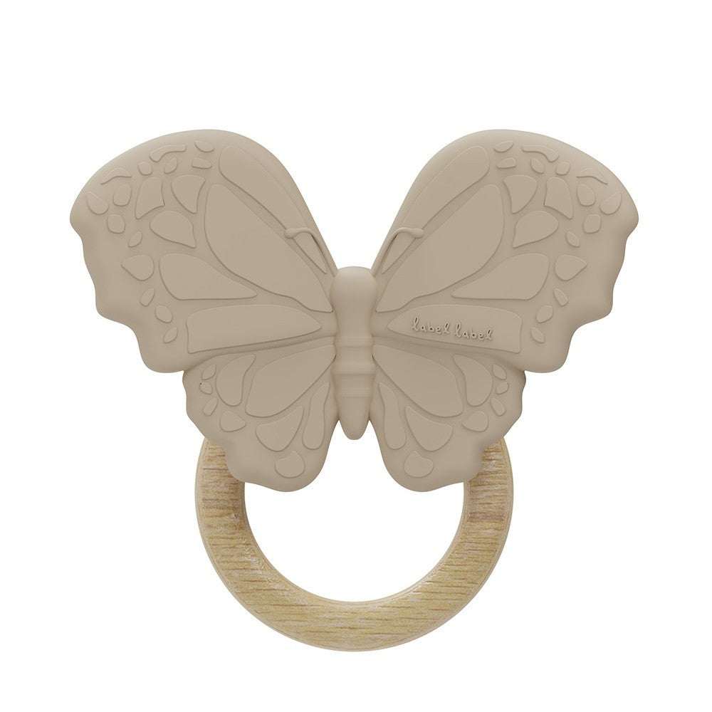 Label Label silikonowy motyl gryzak z certyfikowanego drewna FSC i nietoksycznego silikonu dla dzieci
