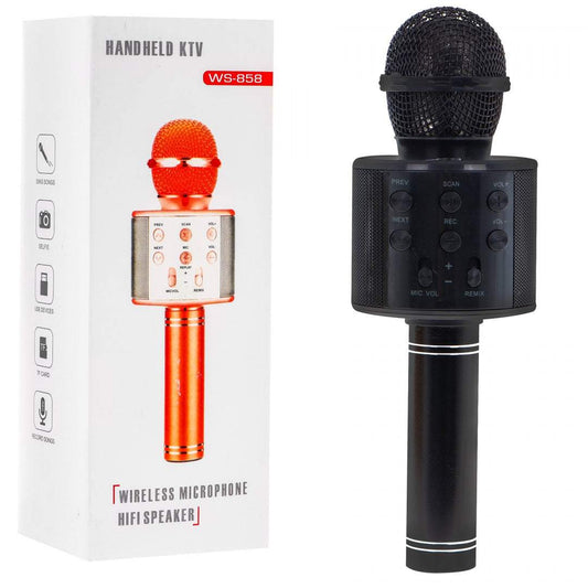 Mikrofon karaoke z głośnikiem czarny dla dzieci i nastolatków, przenośny, bezprzewodowy, z regulacją dźwięku i wbudowanym głośnikiem.