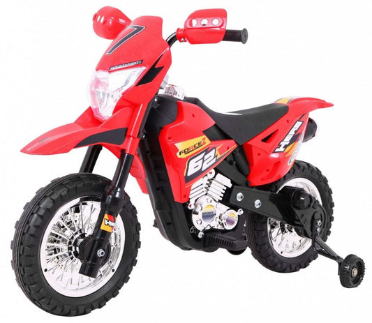 Czerwony Motorek Cross dla dzieci z dodatkowymi kołami, dźwiękami LED i akumulatorem 6V.