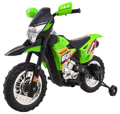 zielony motorek cross dla dzieci z LED światłami i dźwiękami, z akumulatorem i stabilizującymi kółkami