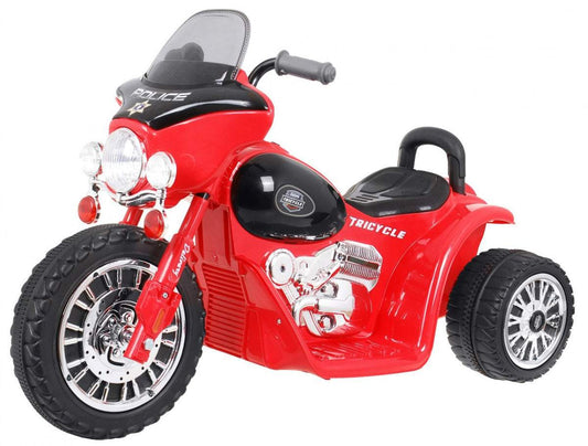Czerwony motorek chopper na akumulator dla dzieci z trzema kołami i LED, stabilny i bezpieczny pojazd do nauki jazdy.