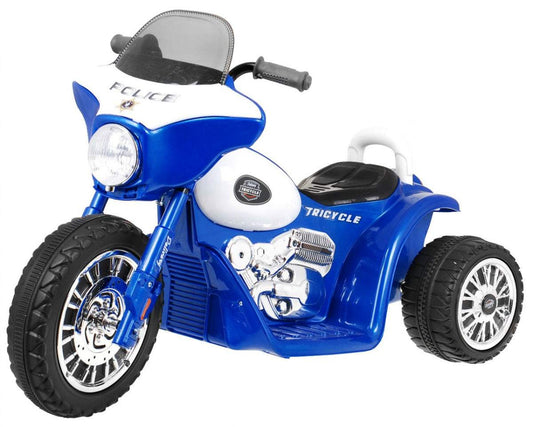Niebieski motorek chopper dla dzieci z trzema kołami, światłami LED i dźwiękami, stabilny trójkołowy pojazd z silnikiem 20W i wygodnym siedzeniem.
