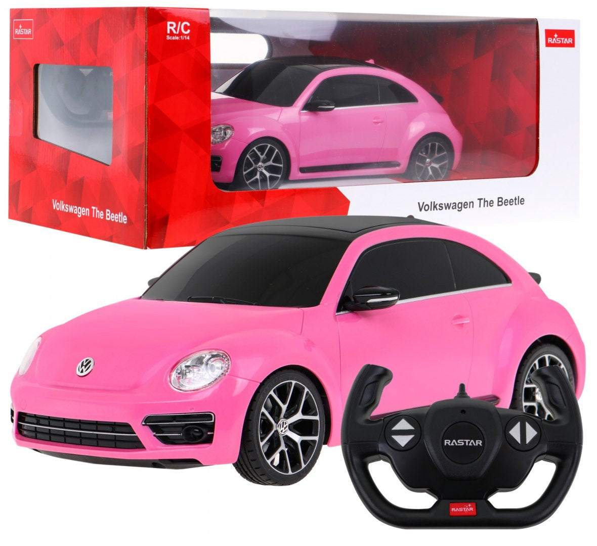 Pink RC Volkswagen Beetle 1:14 scale remote control car with detailed design and black controller by RASTAR