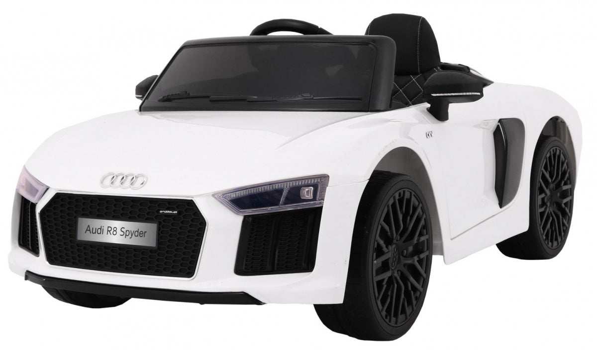 Biały Audi R8 Spyder na akumulator dla dzieci z pilotem i realistycznym designem.