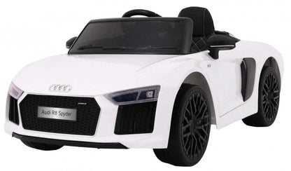 Biały Audi R8 Spyder na akumulator dla dzieci z pilotem i realistycznym designem.