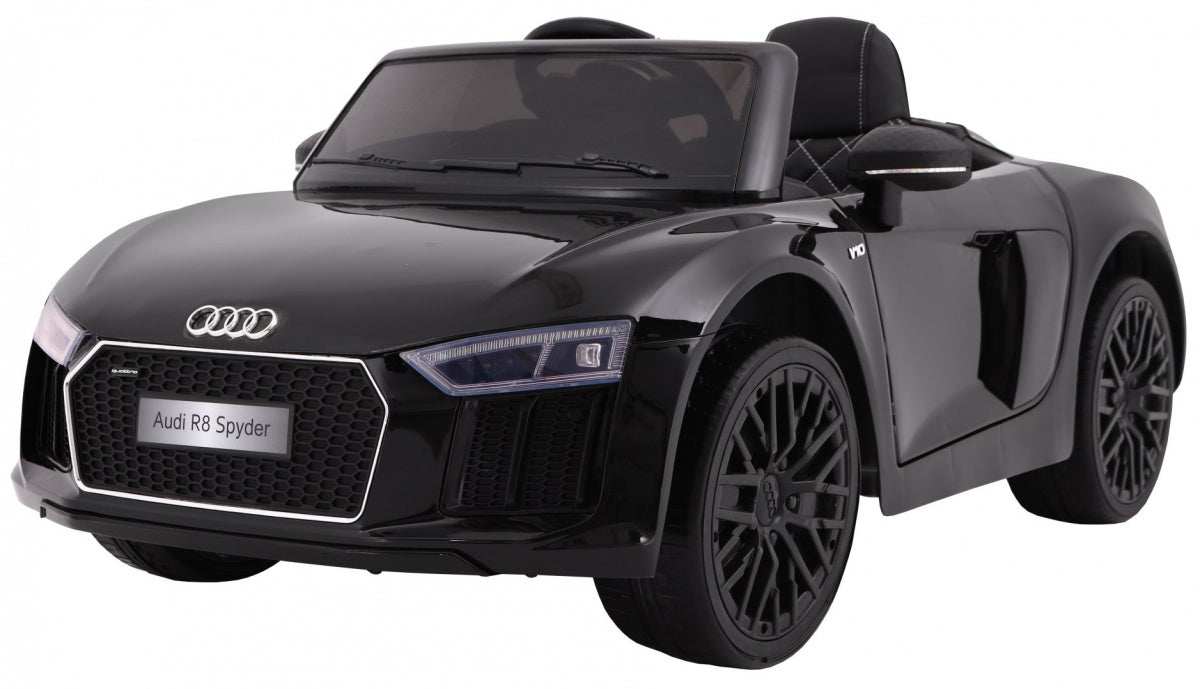 Black Audi R8 Spyder electric ride-on car for kids with LED lights and MP3 player