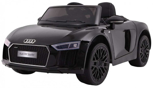 Czarny dziecięcy Audi R8 Spyder na akumulator z pilotem, LED światłami i piankowymi kołami EVA