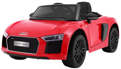 Red Audi R8 Spyder electric ride-on car for kids with remote control and realistic details