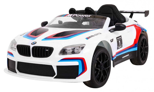 BMW M6 GT3 Auto na akumulator dla dzieci biały z pilotem, światełkami i MP3.