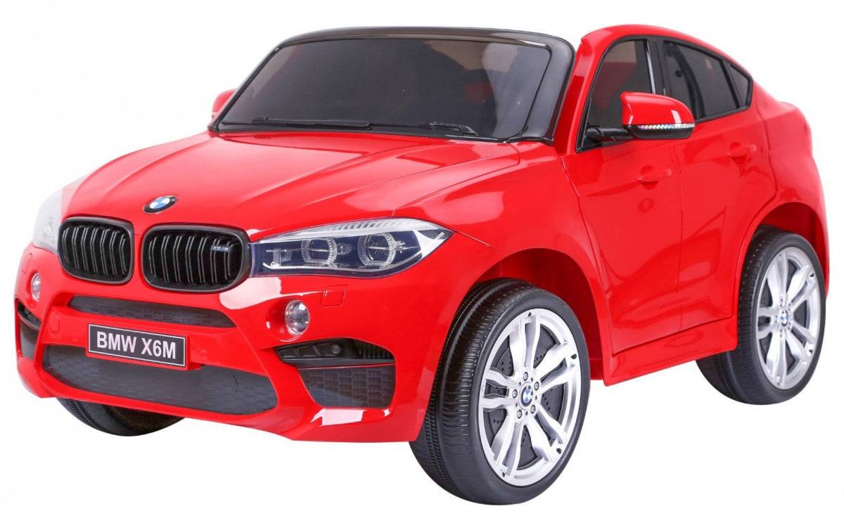 Czerwony dziecięcy elektryczny SUV BMW X6M z ekoskórą i pilotem dla dwóch dzieci