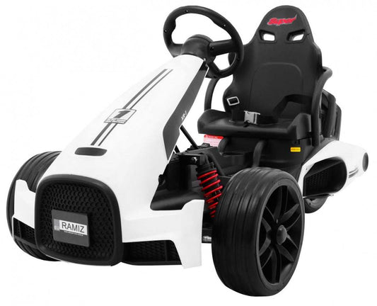 Biały gokart na akumulator Bolid XR1 z regulowaną kierownicą i profilowanym siedzeniem dla dzieci