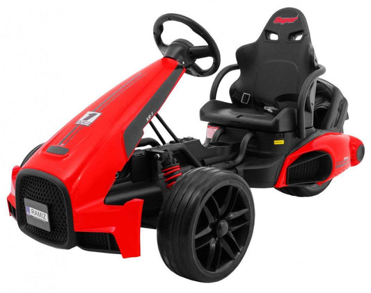 Czerwony gokart na akumulator Bolid XR-1 dla dzieci z regulowaną kierownicą i cichymi kołami EVA