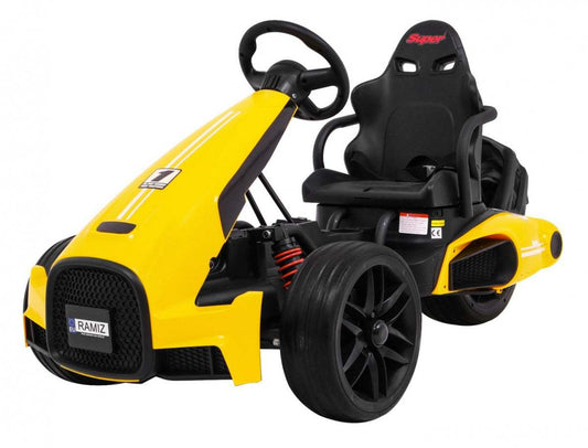 Żółty gokart na akumulator Bolid XR1 z regulowaną kierownicą i komfortowym siedzeniem dla dzieci